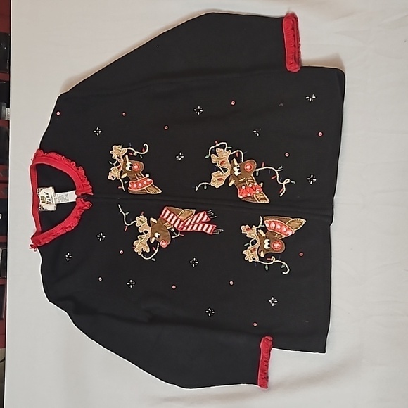 Tiara Reindeer Holiday Zip Sweater sz 1X Red Trim Black Reindeer with bells - Picture 1 of 11